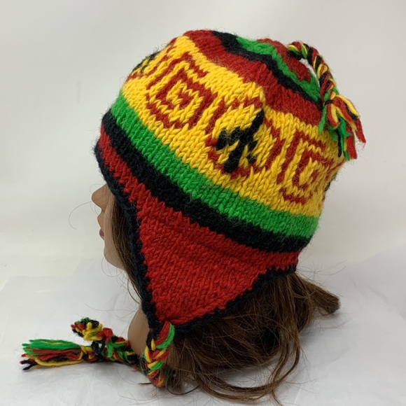 Kathmandu Imports colorful 100% wool knit hat beanie peace braided tassels - Picture 1 of 9